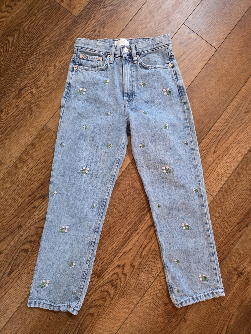 MNG Light Blue Straight-Leg Jeans with Pink Floral Embroidery
